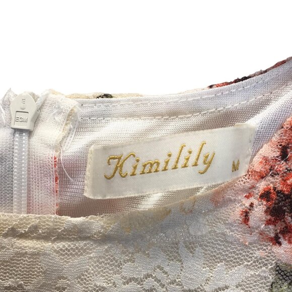 Kimilily Dress Womens Medium White Floral Lace Overlay Long Sleeve Ruffle Hem - Picture 10 of 16